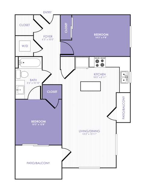 Floor plan for 2 beds, 1 bath, 803 sqft